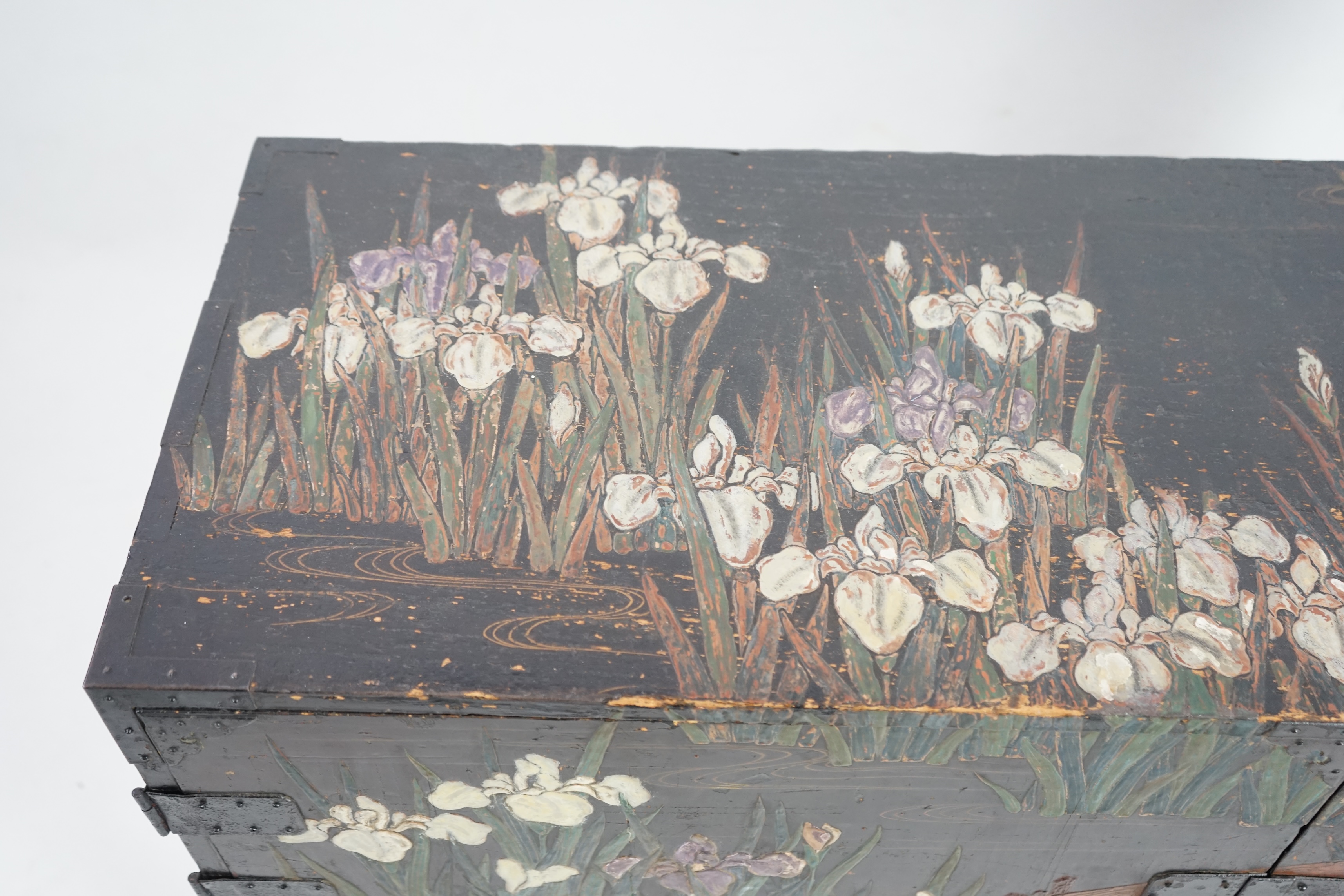 A Japanese ‘iris’ decorated travelling chest, Edo period, late 18th/early 19th century